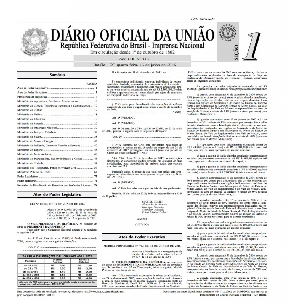 Diário Oficial da União mostra lei com vetos aos artigos sobre renegociação de dívidas